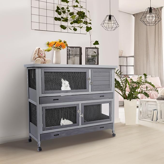 Rabbit Hutch Bunny Cage Indoor Outdoor with Wheel Deeper Tray Chew Proof Guinea Pig Cages 2 Decks Large Rabbit House with 4 Wooden Doors Weatherproof 41.3" L*17.3" W*41.3" H-Mewly Pet