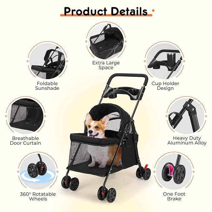 Foldable Pet Stroller for Small/Medium Pets up to 22 lbs - Lightweight 4-Wheel Design with Sun Canopy, Storage Bag & Breathable Mesh-Mewly Pet