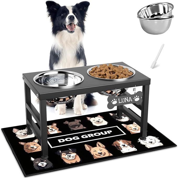 Elevated Dog Bowls, 10" Tall Height, Raised Bowl Stand with 2 Stainless Steel Food Feeder Bowls (58oz) and Spill-Proof Mat for Medium Large and Small Breeds-Mewly Pet