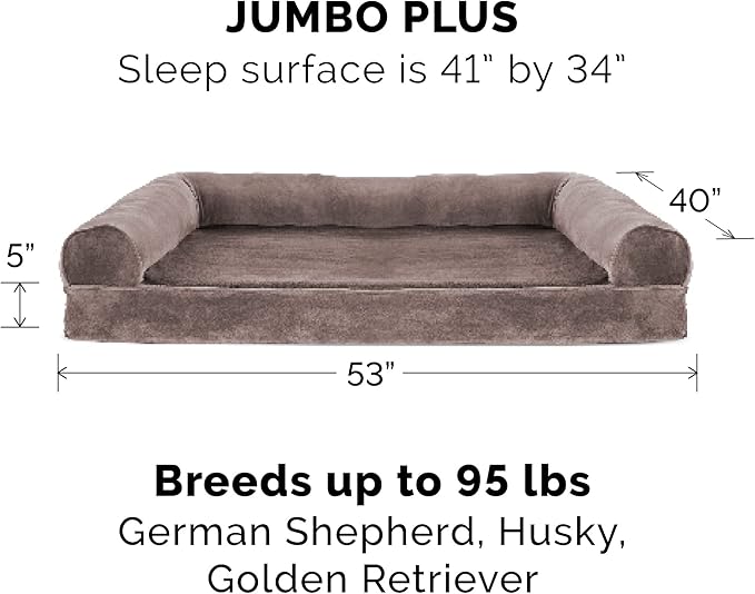 Furhaven Cooling Gel Dog Bed for Large Dogs w/ Removable Bolsters & Washable Cover, For Dogs Up to 125 lbs - Faux Fur & Velvet Sofa - Driftwood Brown, Jumbo Plus/XXL-Mewly Pet