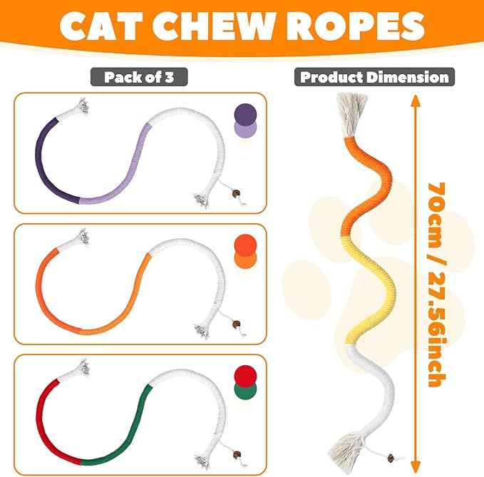 Cat Chew Ropes 3 Pack with Natural Catnip, Interactive Catnip Toys for Indoor Cats, Safe Teeth Cleaning Kitten Rope Toy, Durable Cat Kicker Chew Toy for All Breeds-Mewly Pet
