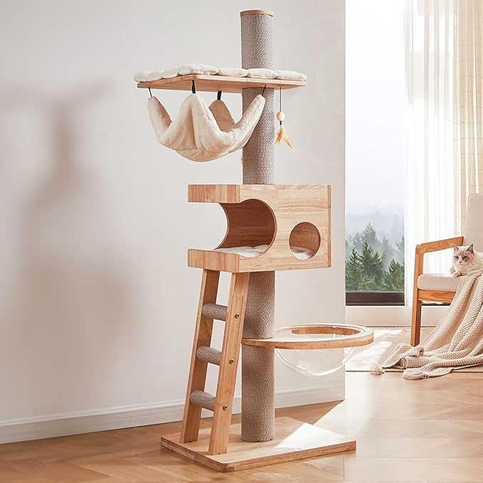 63-inch Modern Cat Tree, Luxury Cat Tower with Scratching Post, Unique Cat Condo with Hammock, Heavy Duty Kitty Climbing Tree for Indoor Cat, Wooden Kitty House for Small Medium Large Cats-Mewly Pet
