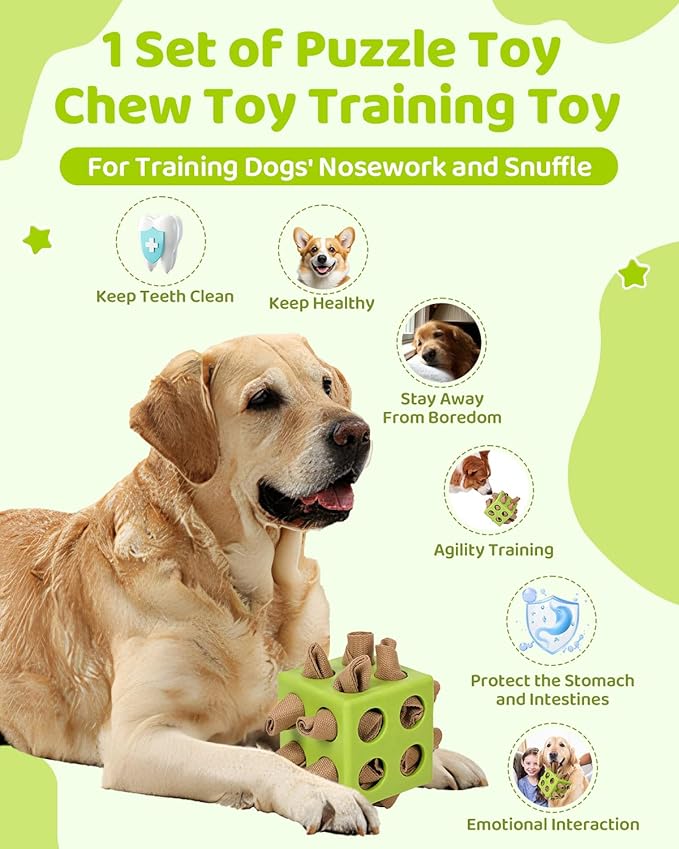Interactive Puzzle Dog Toy Encourage Natural Foraging Skill, Durable Dog Enrichment Toy Snuffle Cube Cloth Strip with Hide & Seek Food, Slow Feeder for Mind Stimulate & Stress Relief (Green)-Mewly Pet