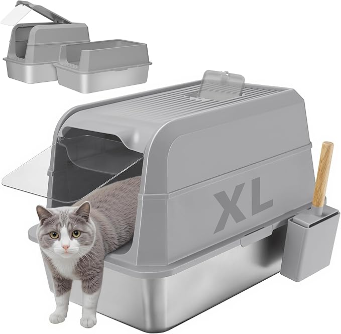 Stainless Steel Litter Box with Lid, XL Extra Large Cat Litter Box, Enclosed Metal Litter Pan with High Sided Enclosure & Scoop, Anti Leakage, Easy to Clean, Odor Control(Grey)-Mewly Pet