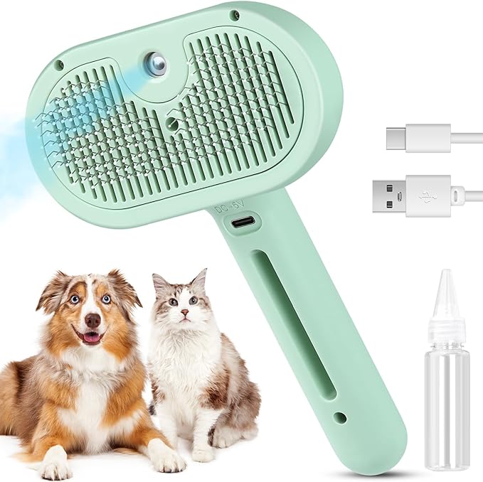3 in 1 Cat Steam Brush, Pet Spray Hair Removal Comb for Shedding & Grooming, Water Brush for Cats Dogs Small Animals Long Short Haired with One-Click Release Button(Green)-Mewly Pet