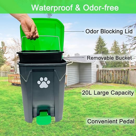 20L/5Gallon Dog Poop Trash Can Outside with Pooper Scooper & 50 Waste Bags- Outdoor Dog Poop Trash Can with Lid, Foot Pedal and Removable Inner Bin Waterproof and Odor Control-Mewly Pet