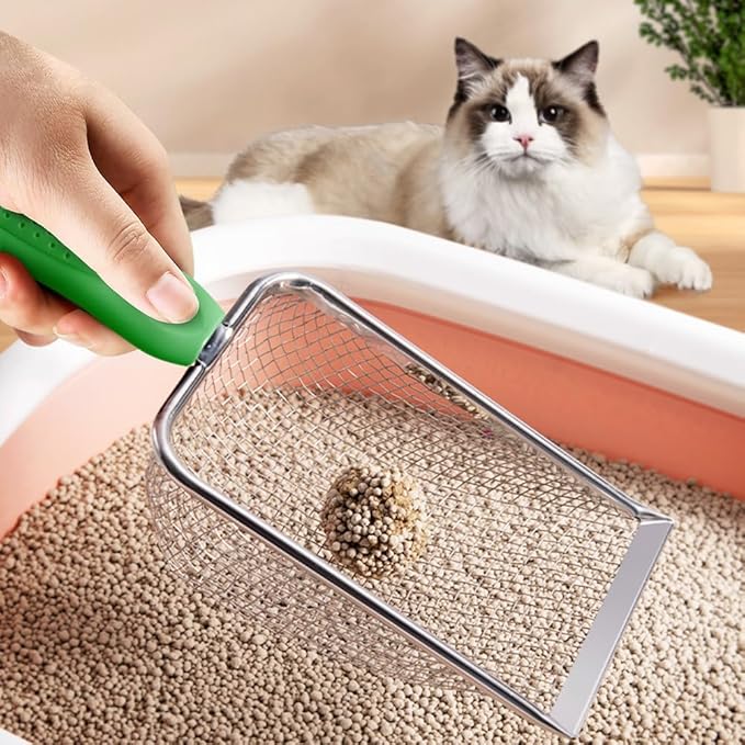 Cat Litter Scoop,Sturdy Litter Cleaner Corner Shovel,Stainless Steel Mesh Litter Shovel,Easy to Clean Reptile Terrarium Sand Waste,Beach Shovel(Green)-Mewly Pet