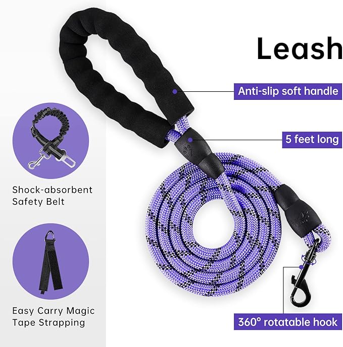 IVY&LANE No Pull Dog Harness for Small Dogs, Dog Vest Harness with Leash, Safety Belt and Storage Strap, Fully Adjustable Harness, 360° Reflective Strip, Soft Handle (Purple, S)-Mewly Pet
