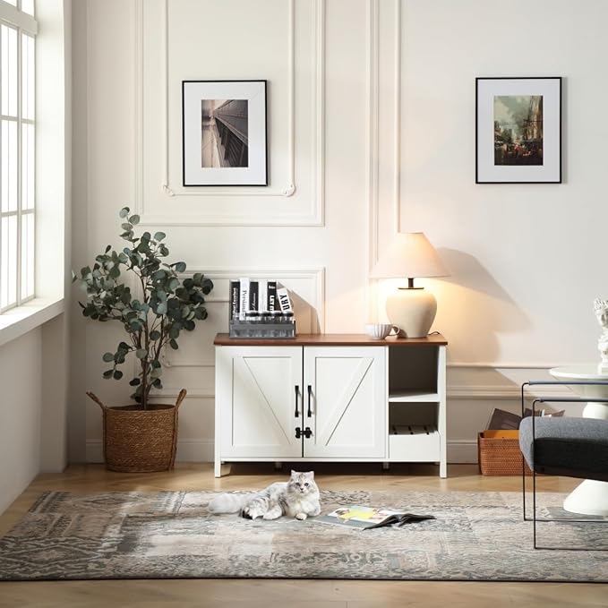 41.3'' Cat Litter Enclosure,Adjustable Shelf for Dog Proof and Storage,Locks Added for Cat, Litter Collector,Small Indoor Cat House,Antique White-Mewly Pet