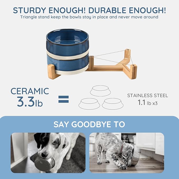SPUNKYJUNKY Ceramic Dog and Cat Bowl Set with Wooden Stand, Modern Cute Weighted Food Water Bowl Set for Small Size Dogs (1.7 Cups, 2 × Pattern Blue)-Mewly Pet