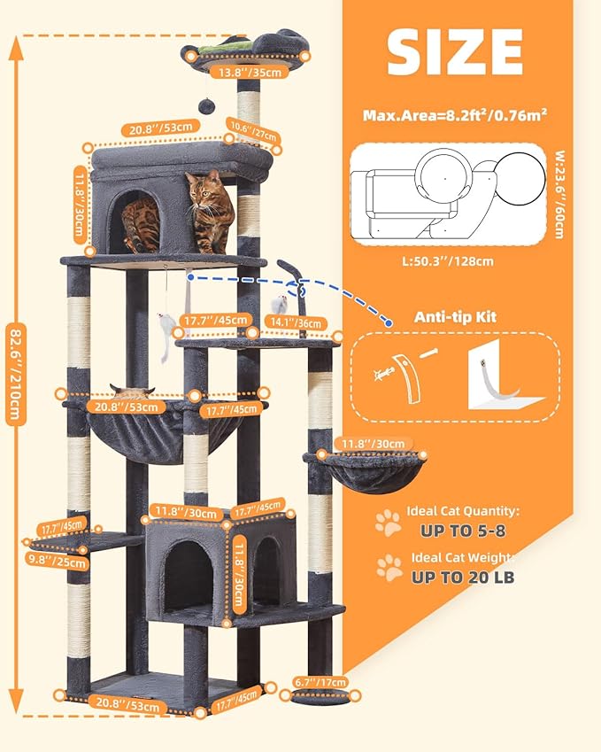Taoqimiao 83In Heavy Duty Cat Tree, Suitable 20lb+ Large Cats, XXL-Cat Tower for Indoor Cats Large Adult, 2 Luxurious Cat Cando with 8 Scratching Posts,Oversized Metal Hammocks,Smoky Gray MS032G-Mewly Pet