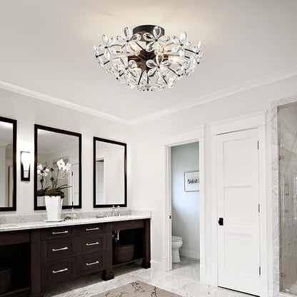 WUZUPS Crystal Chandelier Flushmount Ceiling Light Modern Lighting Fixture for Bedroom Hallway Bar Kitchen Bathroom, H 8.9" x W 17.7", Black, E12 Base