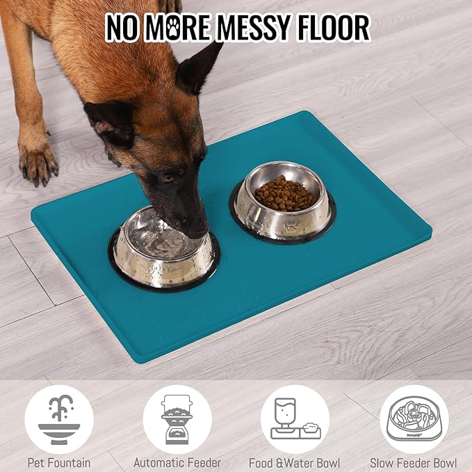 MateeyLife Dog & Cat Food Water Mat for Floors Waterproof, Nonslip Pets Bowl Feeding Mats with Raised Edges, Silicone Matt Tray for Messy Drinkers, 18"x12", Teal-Mewly Pet