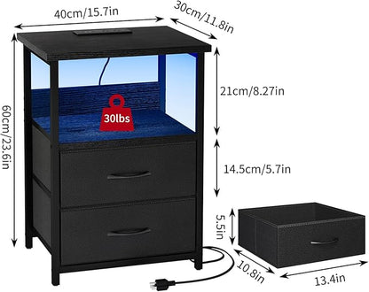 Fixwal Nightstand Set of 2 Night Stand with Charging Station, LED Nightstand with Fabric Drawers, End Table with PU Finish, Bed Side Table, Black