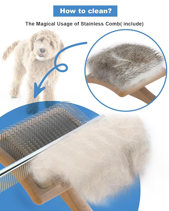 Dog Slicker Brush for Large Dogs, Professional Doodles Brush for Poodles, Goldendoodles and Labradoodles - Easy to Remove Tangles, Mats and Fluff - 3.8"x3.2" Head, 8" Wood Body-Mewly Pet