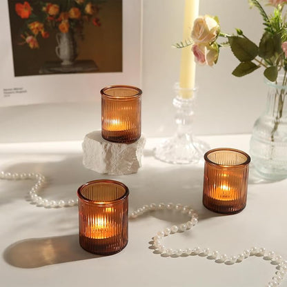 36pcs Amber Votive Candle Holders - Fall Decor, Ribbed Glass Tea Light Candle Holder, Candle Votives for Wedding Centerpiece & Home Decor