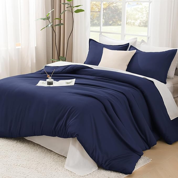 Litanika Comforters Navy Blue Oversized King Size, 3 Pieces Lightweight Solid Bedding Set & Collections, All Season Fluffy Bed Set (120x98In Comforter & 2 Pillowcases)
