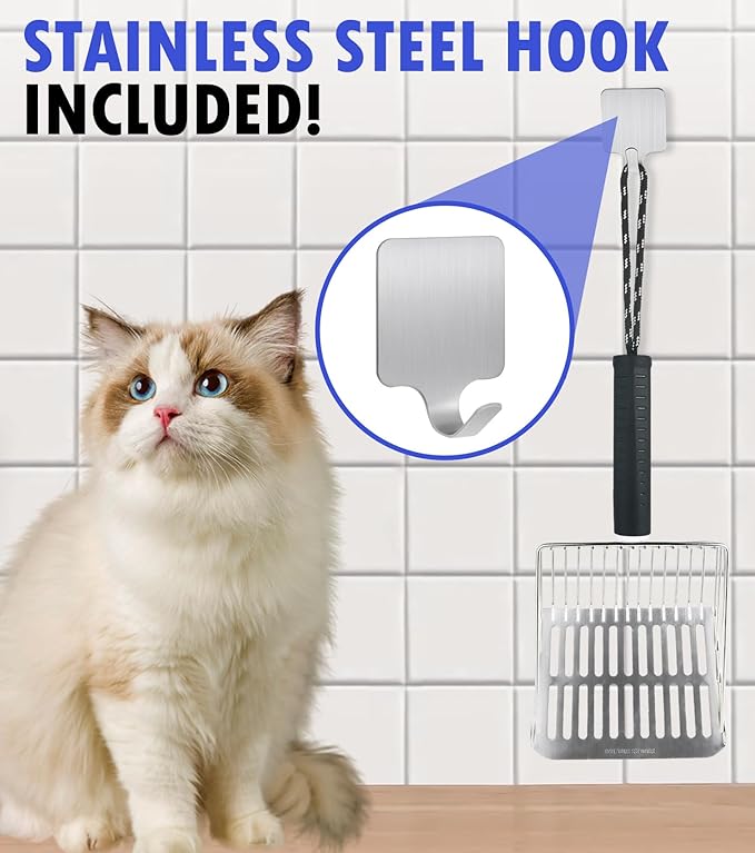 2PCS Cat Litter Scoop, Solid and Durable Kitty Metal Scooper, Stainless Steel Sifter, Heavy Duty, for Litter Box, Black Rubber Handle, Included Stainless Steel Hook-Mewly Pet