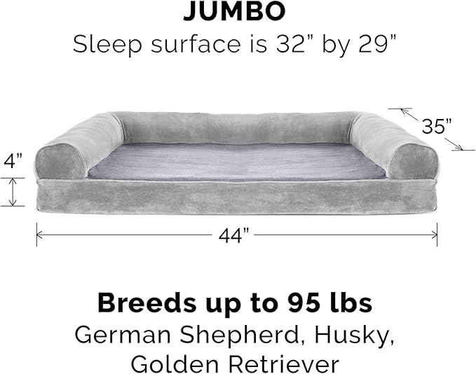 Furhaven Cooling Gel Dog Bed for Large Dogs w/ Removable Bolsters & Washable Cover, For Dogs Up to 95 lbs - Faux Fur & Velvet Sofa - Smoke Gray, Jumbo/XL-Mewly Pet