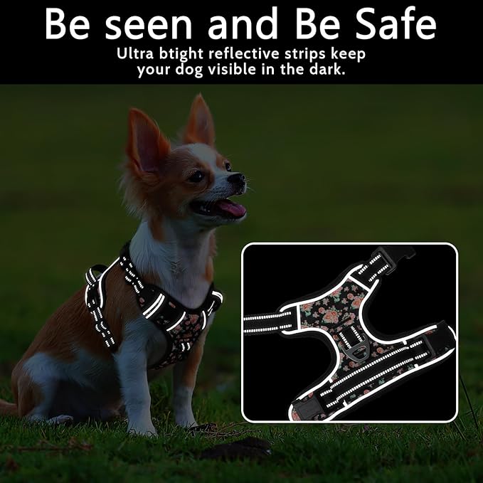 Timos Dog Harness, 3 Snap Buckles No-Pull Soft Padded Dog Vest with 2 Metal Leash Clips,Adjustable Reflective No Choke Pet Harness with Easy Control Handle for Small Dogs,Black Rose,S-Mewly Pet