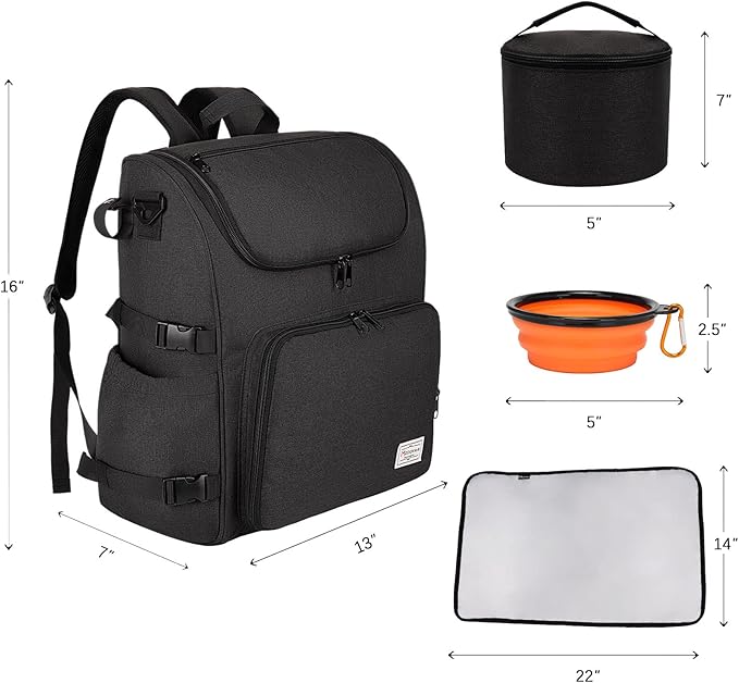 Modoker Dog Travel Bag Backpack, Airline Approved Pet Accessories Organizer for Dog and Cat with Shoulder Strap, 2 Dog Food Storage Containers, 2 Collapsible Dog Bowls,1 Pet Mat, Black-Mewly Pet