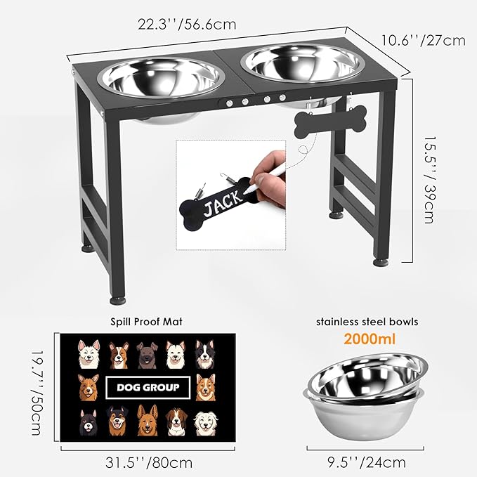 Elevated Dog Bowls,16inch Tall Pet Bowl Holder, Raised Bowl Stand with 2 Stainless Steel Bowls (68oz) and Spill-Proof Mat, Dog Feeder for Large Extra Large Breeds-Mewly Pet