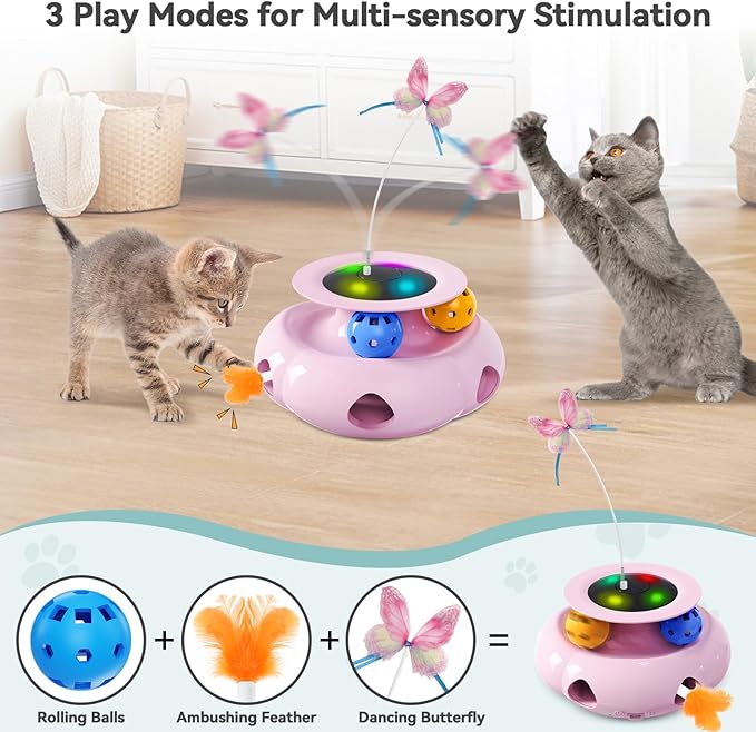 Cat Toys Interactive Rechargeable 3in1 Whack a Mole Cat Toy, Fluttering Butterfly, Track Balls, Touch Activated Automatic Kitten Toys for Indoor Cats-Mewly Pet