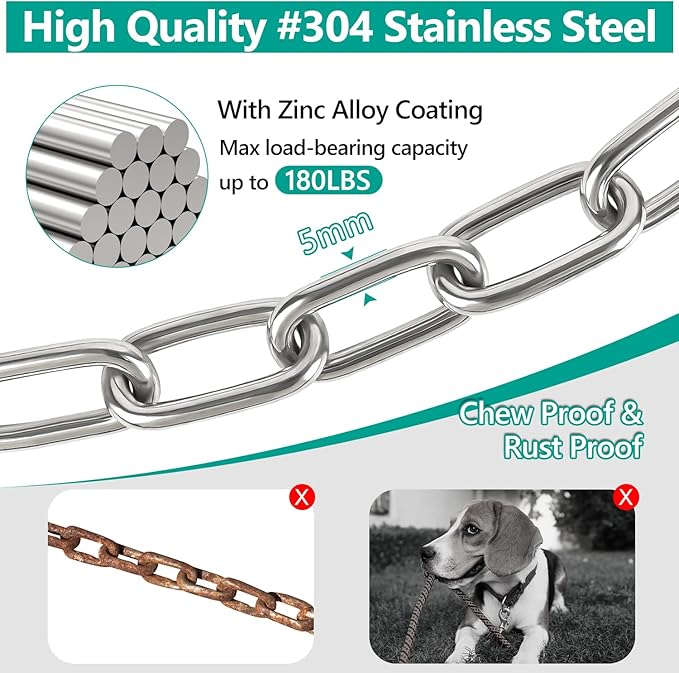 Tresbro Heavy Duty Dog Chains for Outside, 10FT Stainless Steel Tie Out Cable with Swivel Hook for Large Dogs, Metal Chew Proof Pet Runner Chain Leash Lead for Outdoor Camping Hiking Yard, 5MM-Mewly Pet