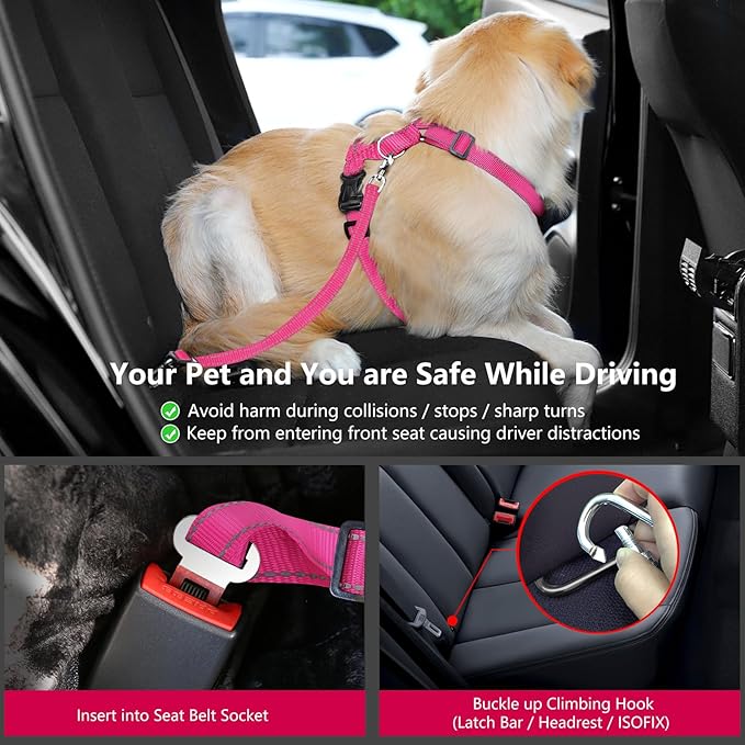 Dog Seat Belt Harness for Car, Dog Car Harness Adjustable Mesh Breathable & Dog Seatbelt Safety Tether with Elastic Bungee for Small Medium Large Pets(Rose, M)-Mewly Pet