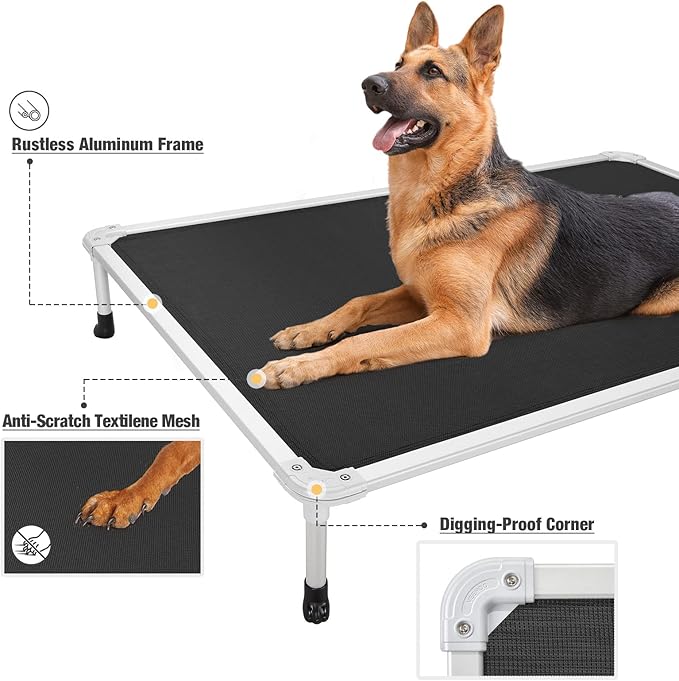 Veehoo Chew Proof Elevated Dog Bed - Cooling Raised Pet Cot - Silver Aluminum Frame and Durable Teslin Mesh Fabric, Unique Designed No-Slip Feet for Indoor or Outdoor Use, Black, XX-Large, CWC2003-Mewly Pet
