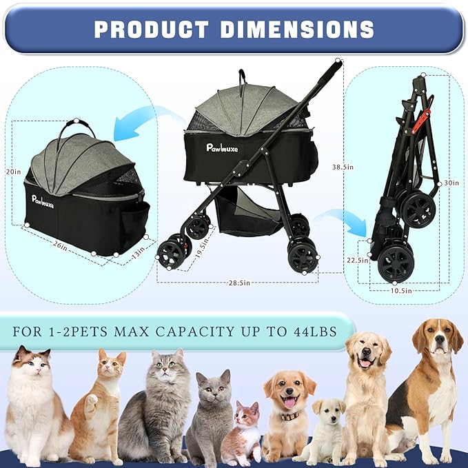 4 Wheels Pet Stroller 4 in 1 Pet Stroller with Detachable Carrier for Small & Medium Dogs Cats up to 55 lbs Easy-Folding Travel Dog Wagon with Car Seat Breathable Mesh,Khaki-Mewly Pet