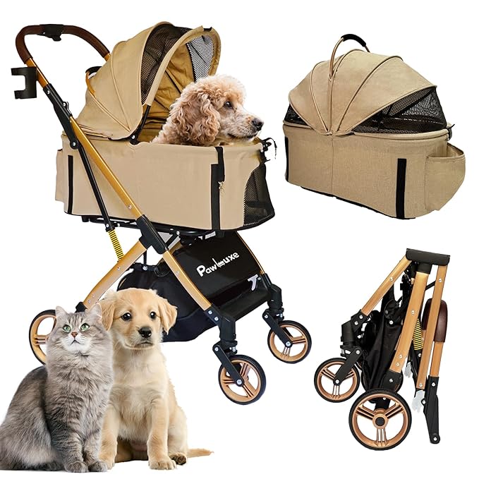 Pet Stroller for Small & Medium Dogs Cats up to 55 lbs 4-in-1 Foldable Travel Pet Stroller with Detachable Carrier Lightweight All-Terrain Spring Damping,Car Seat,Sun Canopy,Khaki-Mewly Pet