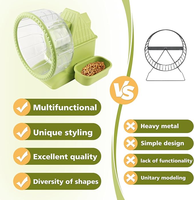 4 in 1 Silent Large Hamster Wheel Multifunctional Hamster Running Wheel Quite Running Spinner Wheel Accessories with Food Bowl Water Bottle for Hamsters Dwarf Gerbil (Green)-Mewly Pet
