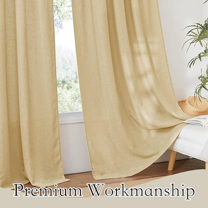 RYB HOME Sheer Curtains 108 inches Long, Linen Textured Wave Semi Sheer Privacy Curtains for Bedroom Living Room High Ceiling Window Decor, Sand, W 52 x L 108, 1 Pair