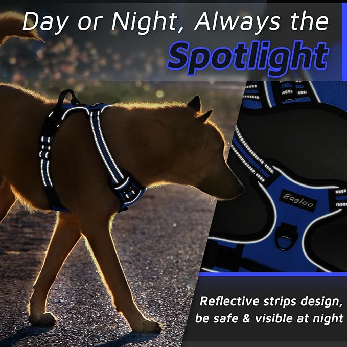 Eagloo Dog Harness Medium Sized Dog, No Pull Service Vest with Reflective Strips and Control Handle, Adjustable and Comfortable for Easy Walking, No Choke Pet Harness with 2 Metal Rings, Blue, M-Mewly Pet