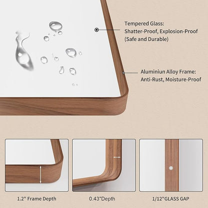 LOAAO 22X30 Inch Bathroom Mirror with Wood Grain Colored Metal Frame, Rounded Rectangle Metal Framed Bathroom Mirror, Anti-Rust, Hangs Horizontally or Vertically