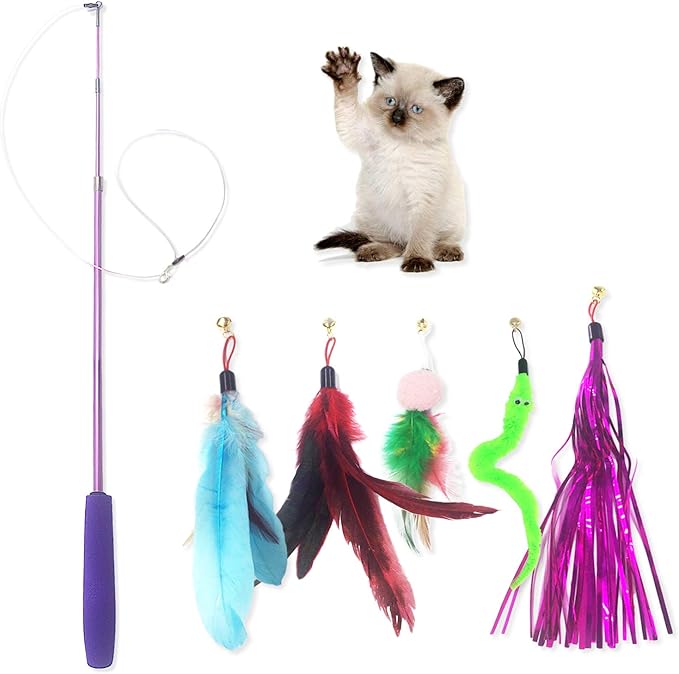 Cat Toy Wand, Interactive Feather Teaser Cat Toys Set, Retractable Cat Fishing Rod with 5pcs Refills (Purple)-Mewly Pet