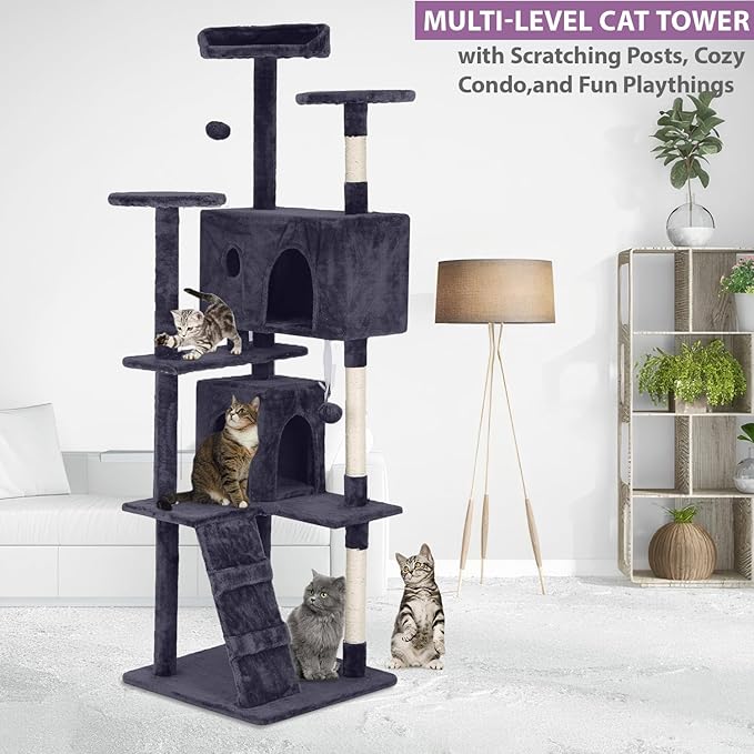 70 Inches Cat Tower for Indoor Cats, Multi-Level Cat Condos with Scratching Posts, Hanging Toys, Ashy-Mewly Pet