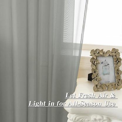 HUTO Sage Grey Sheer Window Curtains 52 by 63 Inch Length Rod Pocket Window Sheer Panels Drapes 2 Panels Curtains for Bedroom Living Room Nursery