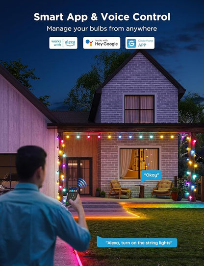 Govee Smart Outdoor String Lights 2, 96ft RGBIC Outdoor Lights with Dimmable Warm White LED Bulbs, 47 Scene Modes for Patio, Backyard, IP65 Waterproof, Works with Alexa, App Control