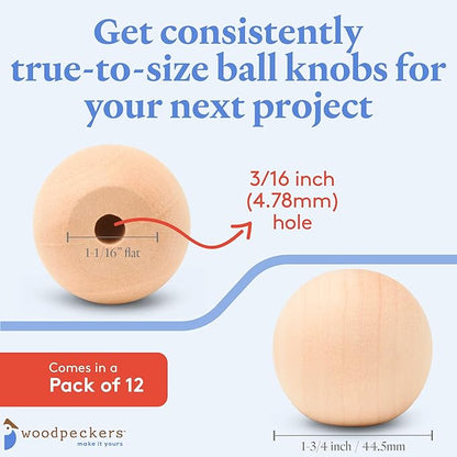 Wood Knobs, 1-3/4 Inch Round Natural Wood Drawer Pulls, Pack of 12 Unfinished Wooden Drawer Knobs, Ball Shaped Wood Cabinet Knobs, Nursery Dresser Knobs, Wood Door Knobs and Crafts