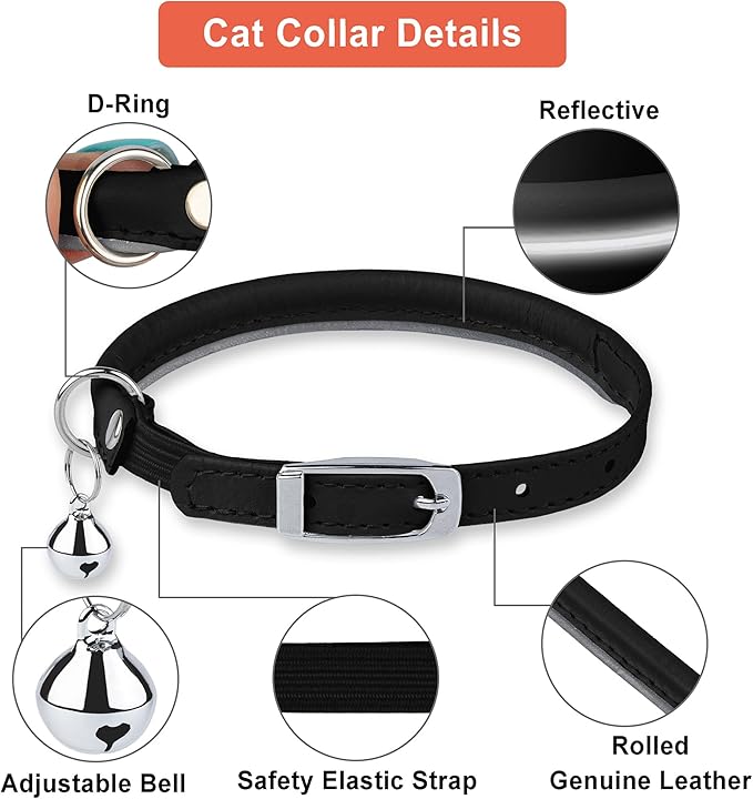 OOPSDOGGY Rolled Leather Cat Collar with Bell, Reflective Kitten Collars with Buckle Include Safety Elastic Strap - Adjustable Small Pet Collars for Boy Girl Cats (Black)-Mewly Pet