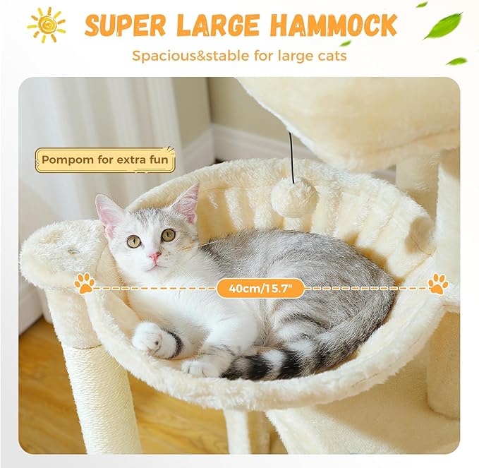 PAWZ Road Large Cat Tree, 41 Inches Multi-Level Cat Tower with 2 Spacious Condos for Indoor Cats, Large Cat House with Comfy Hammock, Padded Perch, Scratching Pad and Replaceable Balls-Mewly Pet