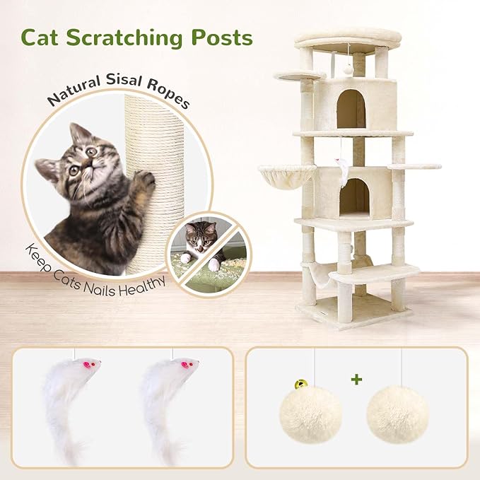 Globlazer Corner Cat Tree for Large Cats, 66inch Tall Curved Series Large Cat Tower for Multiple Indoor Cats with 6 Scratching Posts, 2 Spacious Cat Condos, Hammock, Hanging Basket, C66, Beige-Mewly Pet