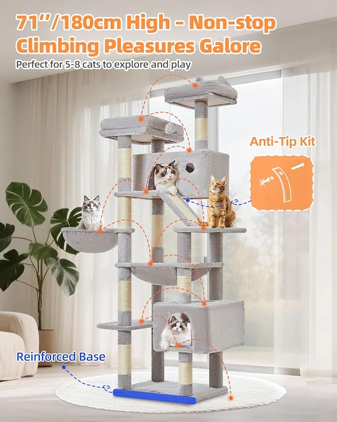 Taoqimiao Cat Tree 71-Inch, Cat Tower for Indoor Cats Large Adult, Multi-Level Large Cat Condo, 8 Sisal Scratching Posts, Metal Frame Cozy Hammock, Scratch Board, 2 Top Perches, Light Gray MS026LW-Mewly Pet