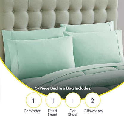 Sweet Home Collection 7 Piece Comforter Set Bag Solid Color All Season Soft Down Alternative Blanket & Luxurious Microfiber Bed Sheets, Mint, Twin