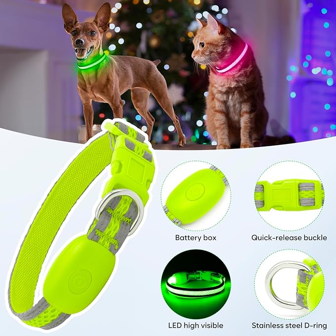 Flashseen LED Cat Collar,Light Up Dog Collar Rechargeable, Dog Lights for Night Walking, Comfortable Soft Mesh Pet Collar Adjustable for Cats Puppy and Small Dogs(Neon Green, XS)-Mewly Pet