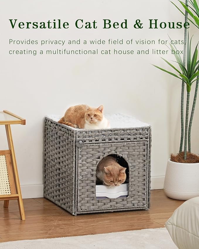 Cat Beds for Indoor Cats Extra Large Double Cat Cave Pet Cube, Handwoven Rattan Cat Houses with Double-Sided Soft Cushions, 18.5 x 20.5 x 19.1 Inches Foldable Hideaway in Living Room Gray-Mewly Pet