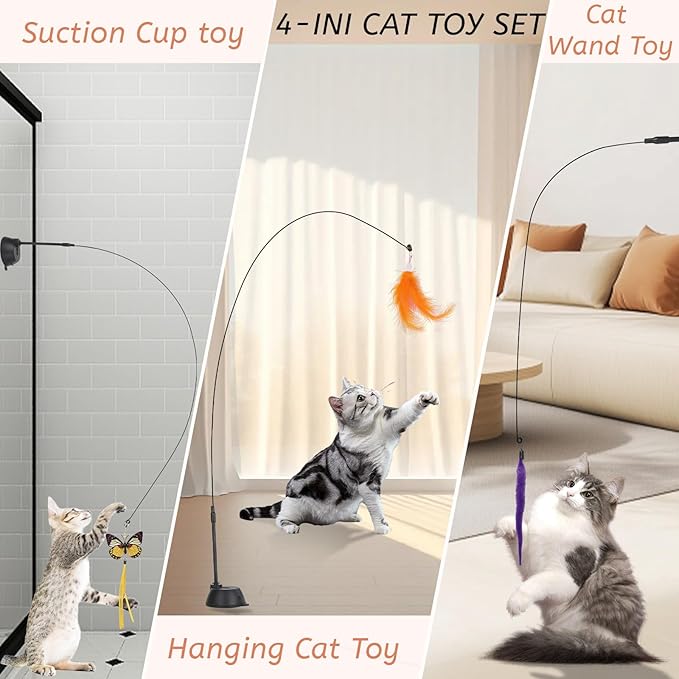 Suction Cup Cat Toys,Interactive Cat Wand with 15Pcs (Feather, Mouse, Butterfly, Worm),Durable Cats Fishing Pole Toy for Indoor Kittens,Fun Stick Toy for Exercise&Play-Mewly Pet