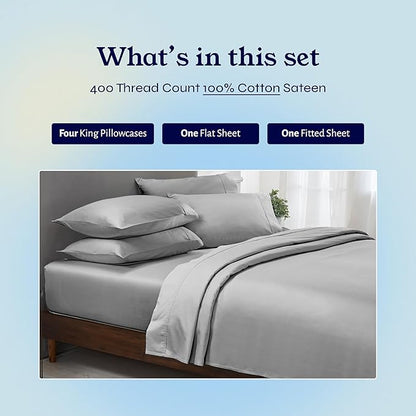 California Design Den 6-Pc King Size Sheet Set with 4 Pillowcases - Soft 400 Thread Count 100% Cotton Sheets, Cooling Sateen Weave, Luxury Deep Pocket Bedsheets Set - Light Grey